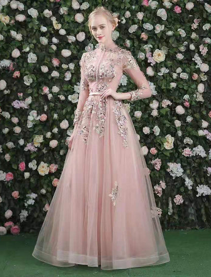 Wholesale A-Line Cut Out Floral Prom Formal Evening Dress High Neck Long Sleeve Floor Length Organza with Embroidery