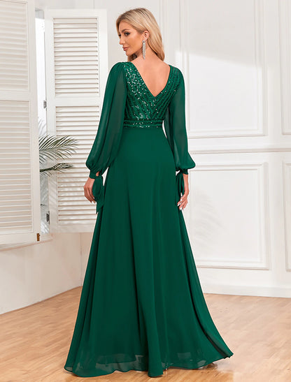 Wholesale A-Line Evening Gown Empire Dress Evening Party Wedding Reception Floor Length Long Sleeve V Neck Fall Wedding Guest Chiffon V Back with Sequin