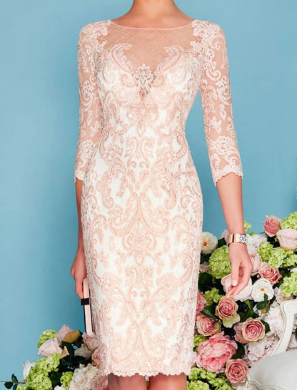 Wholesale Two Piece Sheath / Column Mother of the Bride Dress Formal Wedding Guest Church Elegant Jewel Neck Knee Length Chiffon Lace 3/4 Length Sleeve Wrap Included Jacket Dresses with Beading Appliques