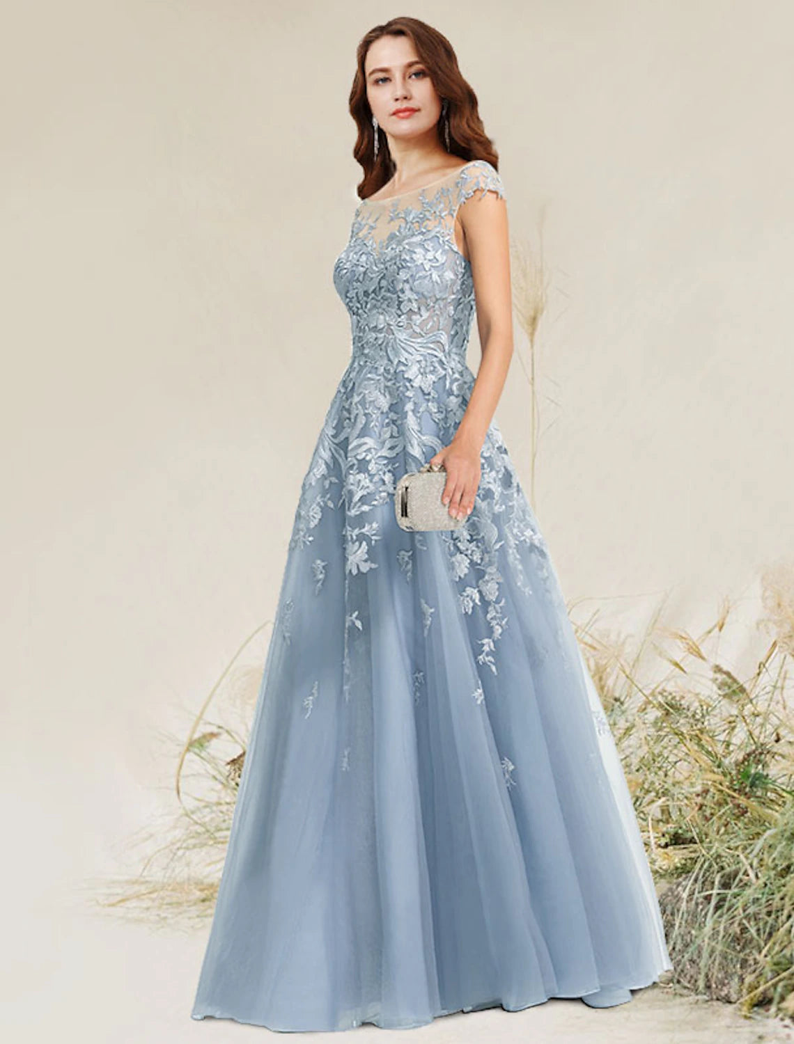 Wholesale A-Line Empire Elegant Party Wear Formal Evening Dress Jewel Neck Sleeveless Floor Length Lace with Appliques