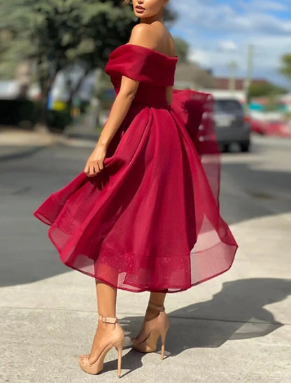 Wholesale A-Line Cocktail Dresses Vintage Dress Wedding Guest Christmas Red Green Dress Tea Length Sleeveless Off Shoulder Tulle with Pleats