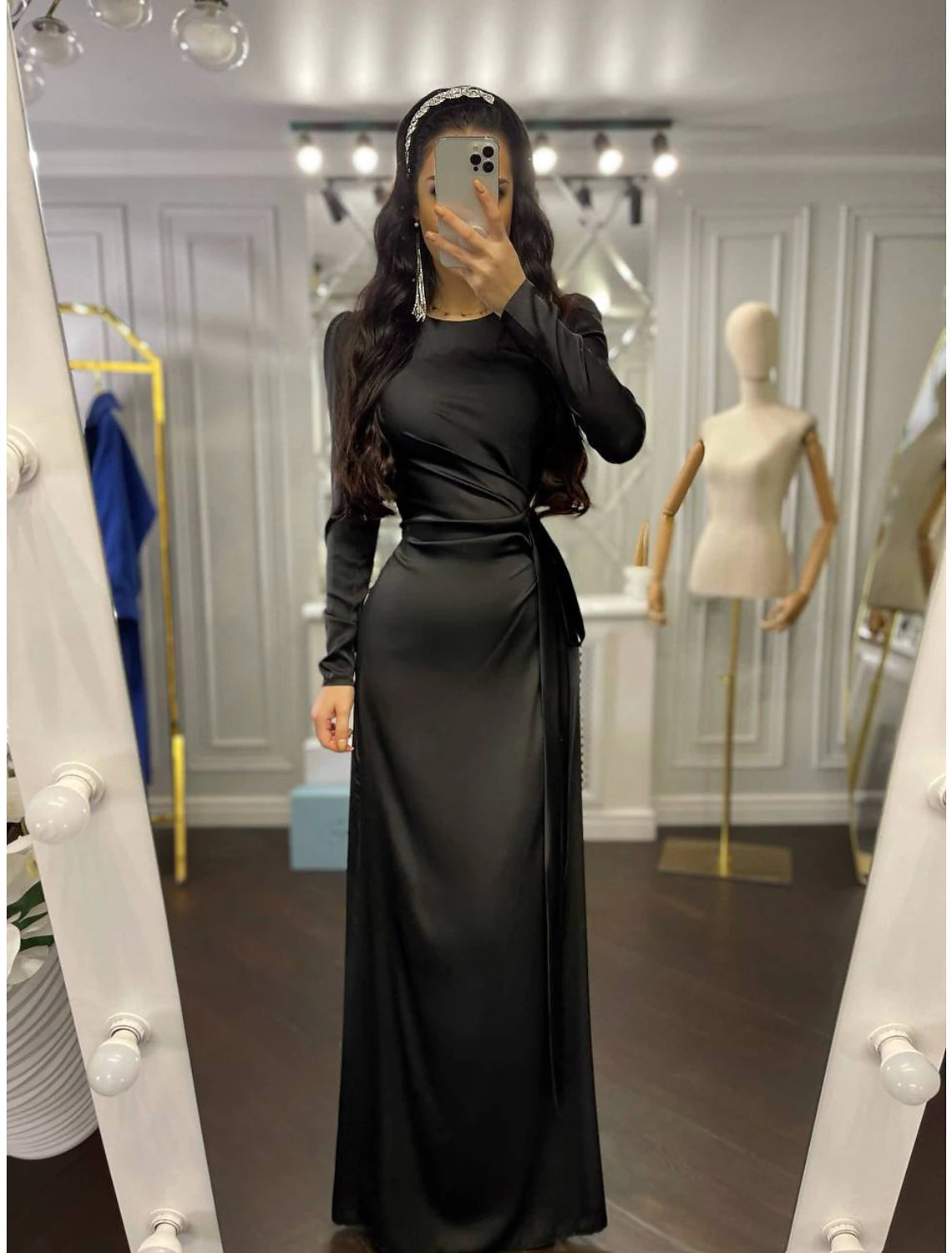 Wholesale Sheath / Column Evening Gown Elegant Dress Wedding Guest Fall Floor Length Long Sleeve High Neck Bridesmaid Dress Satin with Ruched