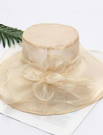 Wholesale Straw Hat Vintage Style Elegant Tulle Organza Hats Headwear with Faux Pearl Flower Ruffle 1 PC Wedding Tea Party Horse Race Headpiece