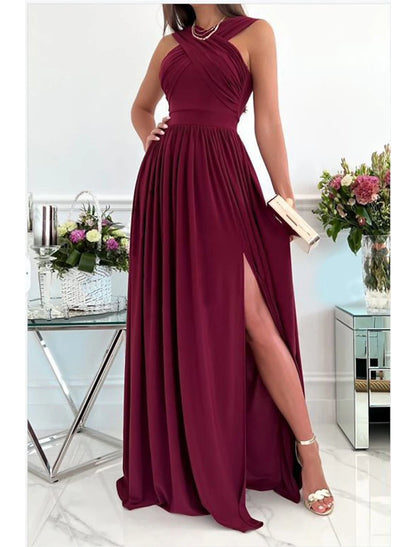 Wholesale A-Line Prom Dresses Sexy Dress Formal Wedding Guest Floor Length Sleeveless Halter Neck Bridesmaid Dress Chiffon with Ruched Slit