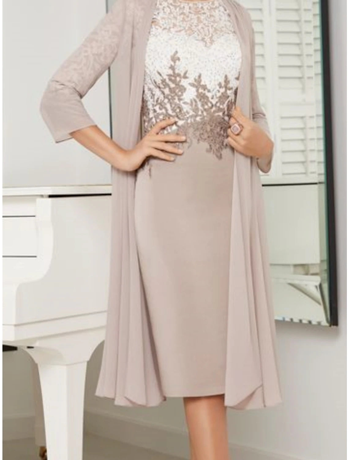 Wholesale Two Piece Sheath / Column Mother of the Bride Dress Wedding Guest Elegant Petite Scoop Neck Knee Length Chiffon Lace 3/4 Length Sleeve with Ruching