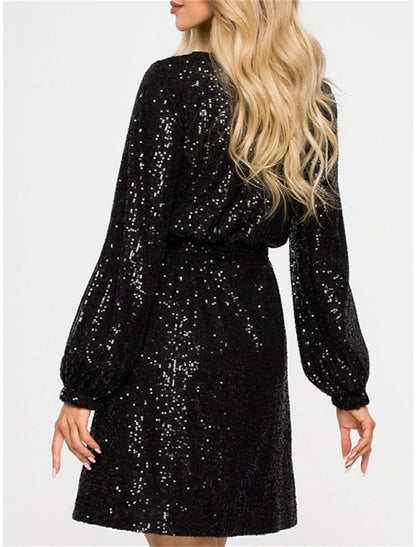 Wholesale Women's Black Sequin Dress Party Dress Sparkly Dress Homecoming Dress Cocktail Dress Midi Dress Black Champagne Long Sleeve Sparkly Glitter Lace up Fall Winter Crew Neck Wedding Guest