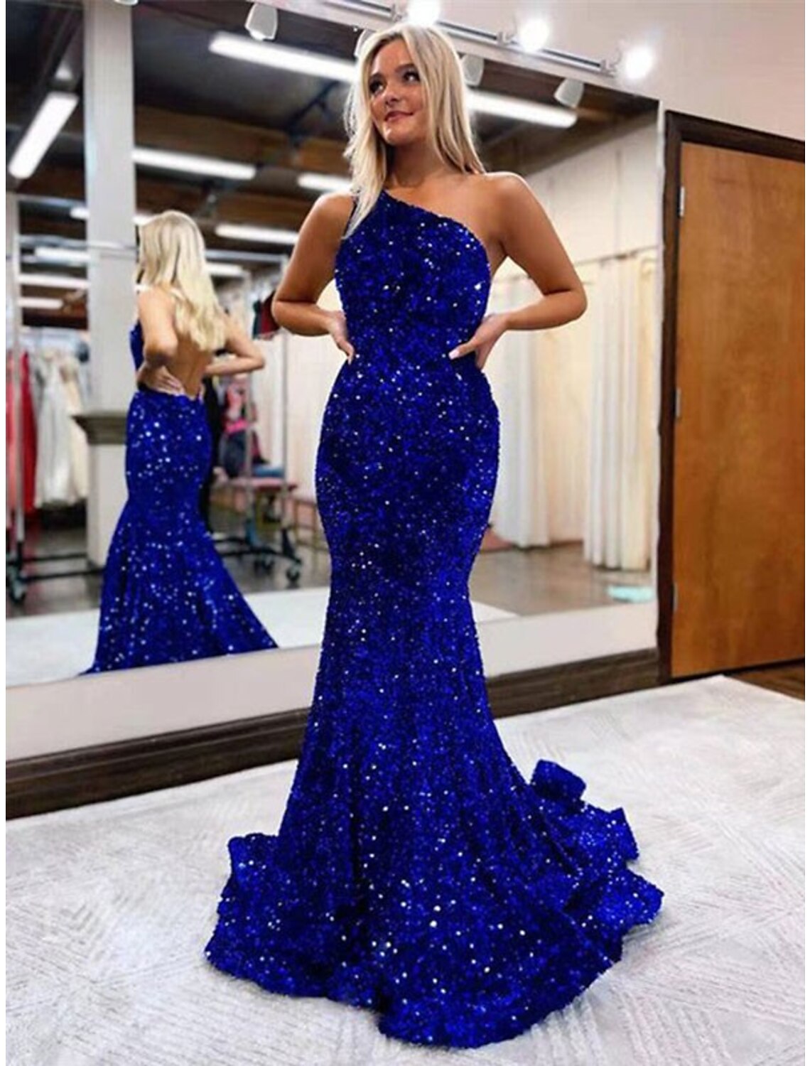 Wholesale  Mermaid / Trumpet Prom Dresses Sparkle & Shine Dress Formal Prom Floor Length Sleeveless One Shoulder Sequined Backless with Sequin