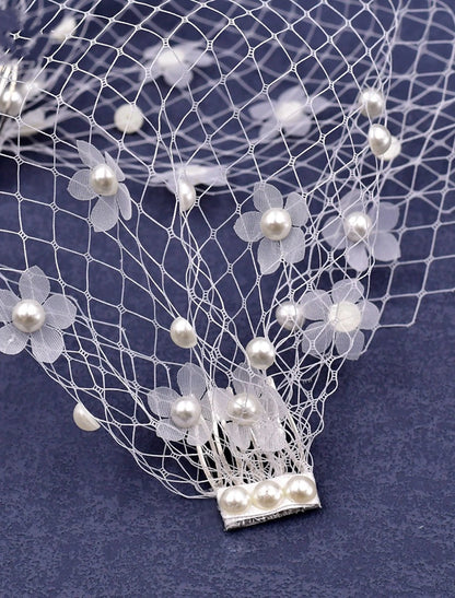 Wholesale One-tier Stylish / Pearls Wedding Veil Blusher Veils / Birdcage Veils with Faux Pearl / Petal Tulle