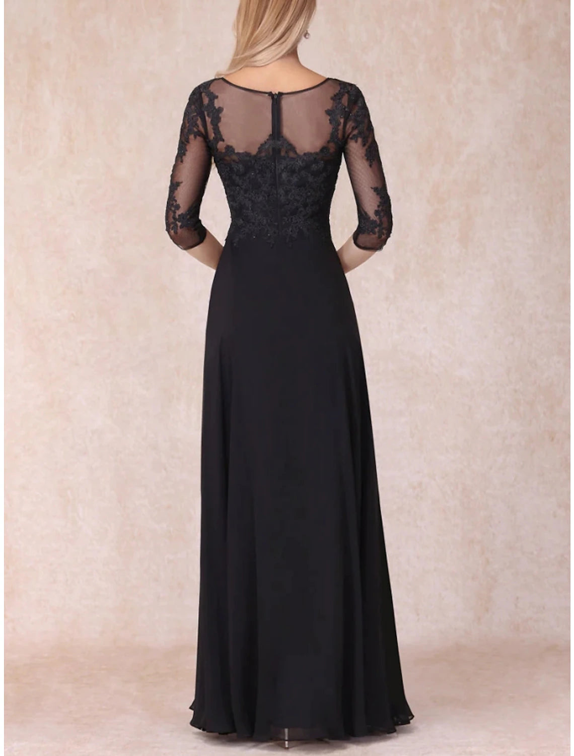 Wholesale A-Line Mother of the Bride Dress Wedding Guest Elegant V Neck Floor Length Chiffon Lace 3/4 Length Sleeve with Ruching Solid Color