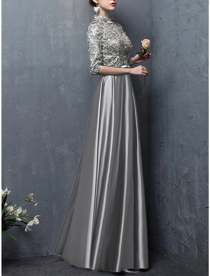 Wholesale A-Line Mother of the Bride Dress Wedding Guest Vintage Elegant High Neck Floor Length Satin Half Sleeve with Bow(s) Appliques Fall