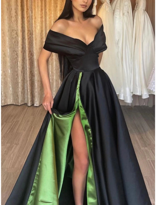 Wholesale A-Line Evening Gown Elegant Dress Formal Floor Length Black Dress Short Sleeve Off Shoulder Satin with Pleats Slit