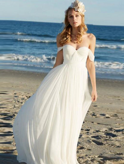 Wholesale Beach Sexy Boho Wedding Dresses A-Line Off Shoulder Cap Sleeve Floor Length Chiffon Bridal Gowns With Pleats