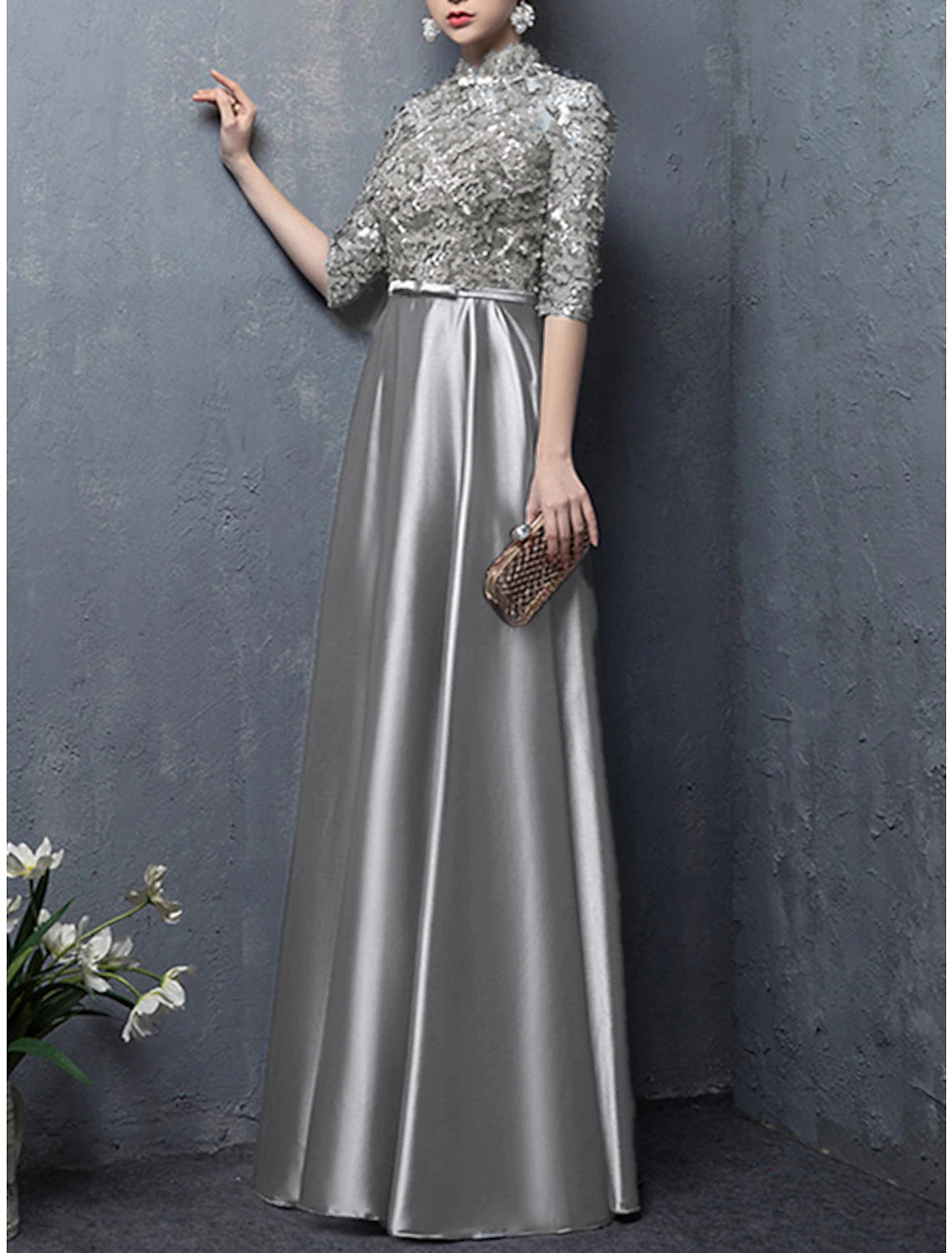 Wholesale A-Line Mother of the Bride Dress Wedding Guest Vintage Elegant High Neck Floor Length Satin Half Sleeve with Bow(s) Appliques Fall