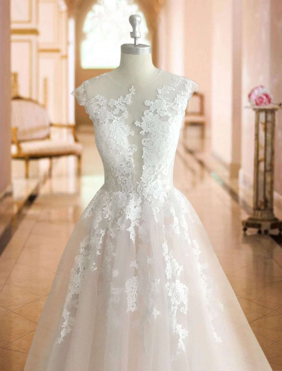 Wholesale Formal Wedding Dresses Ball Gown Illusion Neck Cap Sleeve Court Train Lace Bridal Gowns With Buttons Appliques