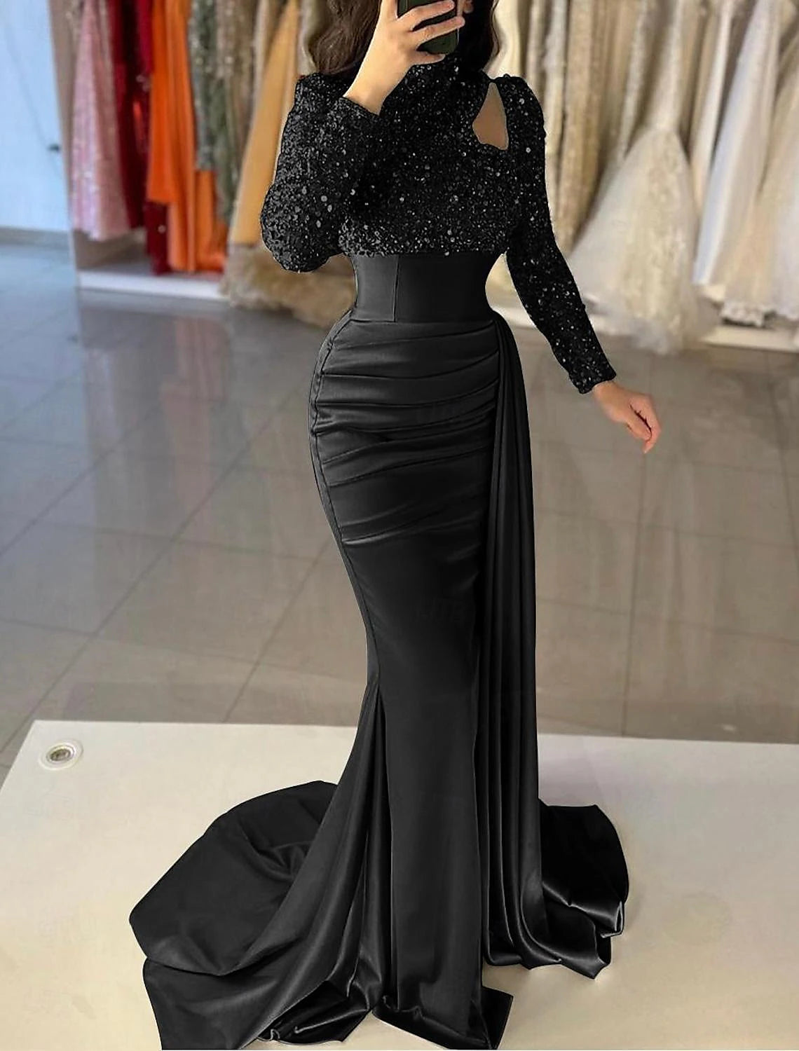 Wholesale Mermaid / Trumpet Evening Gown Elegant Dress Formal Sweep / Brush Train Long Sleeve High Neck Satin with Pearls Sequin