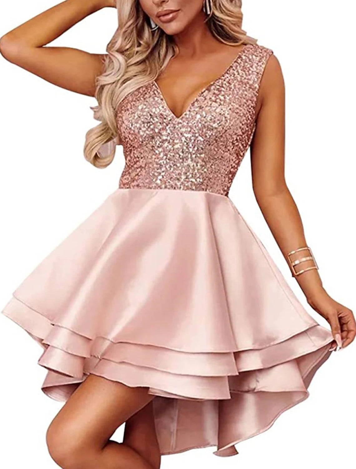 Wholesale A-Line WE Party Dress Homecoming Cocktail Party Asymmetrical Sleeveless V Neck Pink Dress Satin with Sequin Tiered