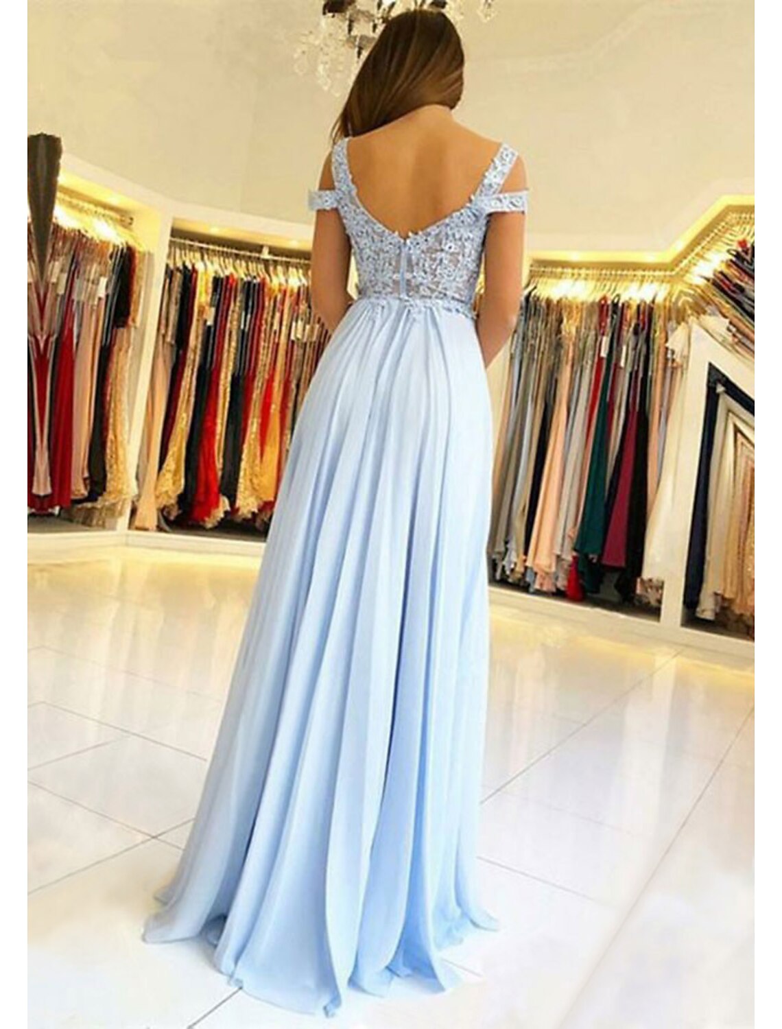 Wholesale A-Line Empire Prom Formal Evening Dress V Neck Short Sleeve Floor Length Chiffon with Appliques