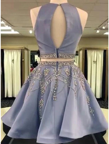 Wholesale Two Piece Homecoming Dresses Elegant Dress Holiday Graduation Short / Mini Sleeveless Jewel Neck Satin with Beading