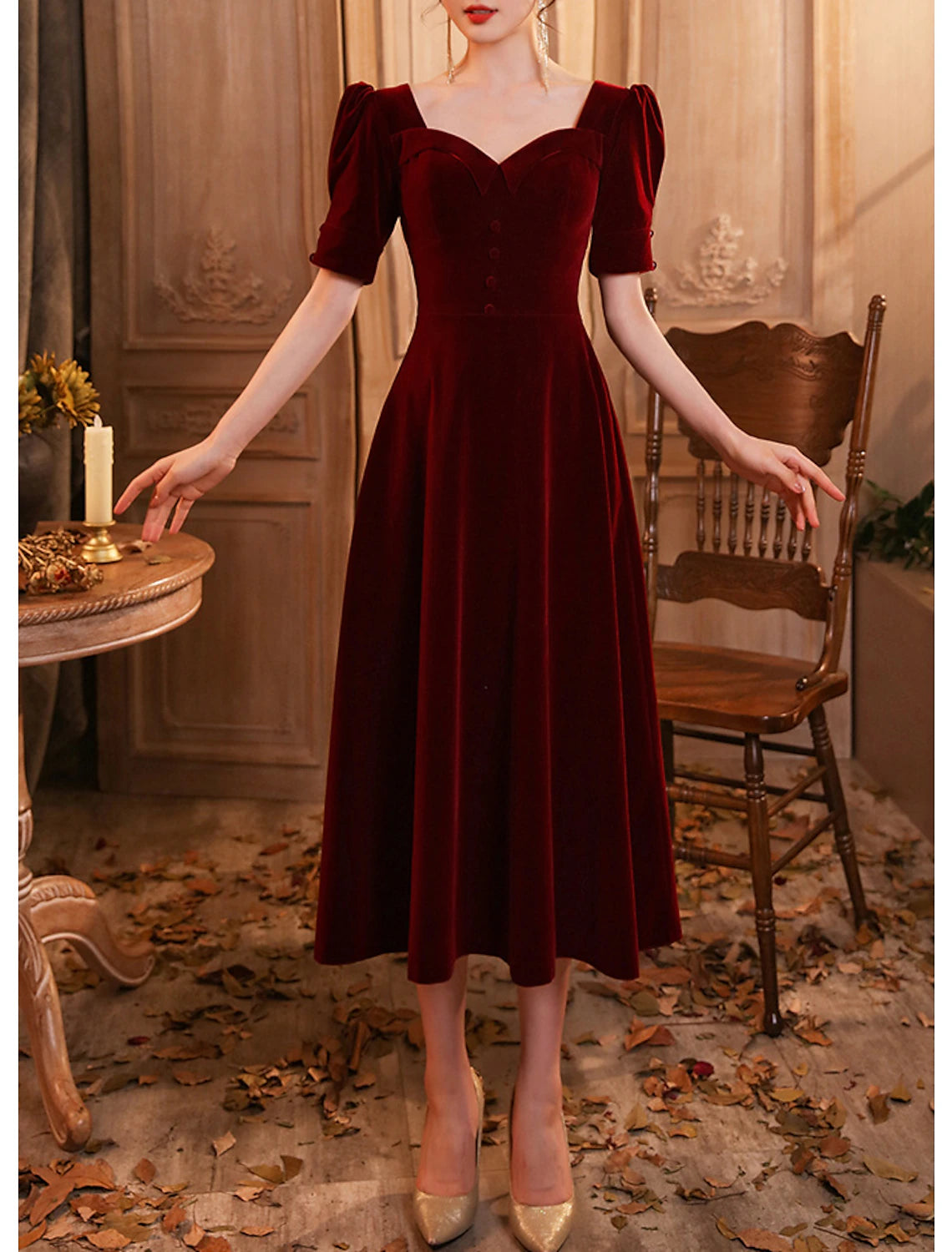 Wholesale A-Line Elegant Vintage Homecoming Cocktail Party Dress Scoop Neck Half Sleeve Tea Length Velvet with Buttons