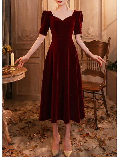 Wholesale A-Line Elegant Vintage Homecoming Cocktail Party Dress Scoop Neck Half Sleeve Tea Length Velvet with Buttons