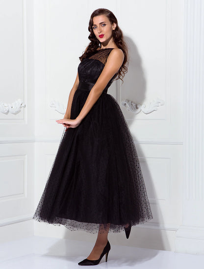 Wholesale A-Line Cocktail Dresses 1950s Dress Wedding Guest Ankle Length Sleeveless One Shoulder Wednesday Addams Family Tulle with Pleats