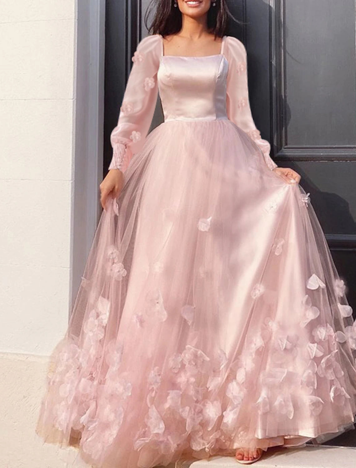 Wholesale A-Line Prom Dresses Maxi Dress Wedding Guest Sweet 16 Floor Length Long Sleeve Scoop Neck Tulle with Appliques Butterfly