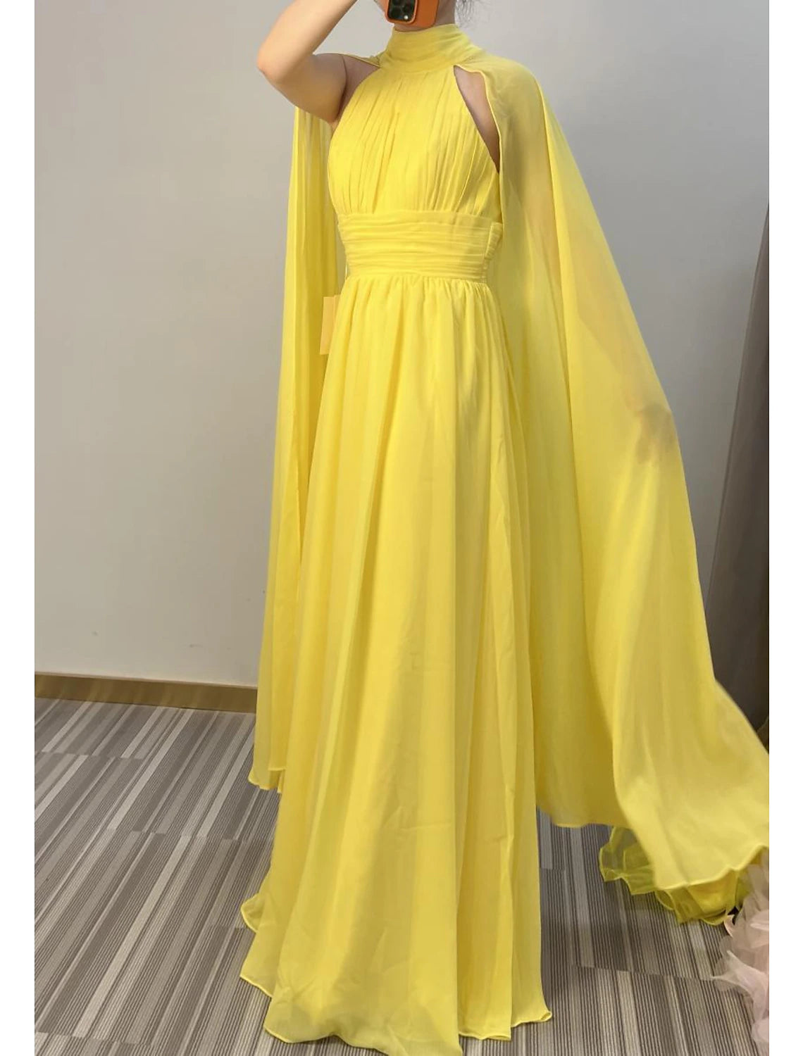 Wholesale A-Line Evening Gown Elegant Dress Formal Wedding Guest Floor Length Sleeveless High Neck Capes Chiffon with Ruched