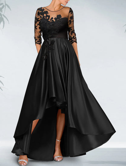 Wholesale Sheath / Column Cocktail Black Dress Luxurious Dress Formal Wedding Guest Asymmetrical 3/4 Length Sleeve Off Shoulder Pocket Satin with Beading Appliques