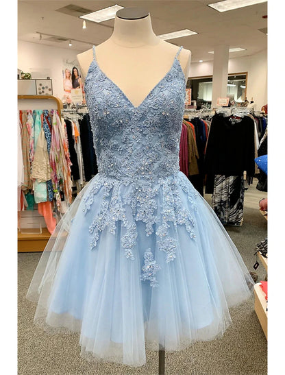 Wholesale A-Line Homecoming Dresses Floral Dress Party Wear Cocktail Party Short / Mini Sleeveless Spaghetti Strap Tulle with Appliques