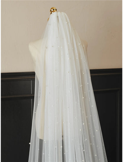 Wholesale One-tier Pearls Wedding Veil Cathedral Veils with Faux Pearl 118.11 in (300cm) Tulle