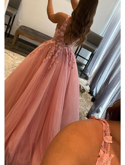 Wholesale A-Line Prom Dresses Open Back Dress Formal Wedding Guest Floor Length Sleeveless V Neck Tulle Backless with Pleats Beading Appliques