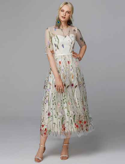 Wholesale A-Line Floral Dress Holiday Wedding Guest Tea Length Half Sleeve Illusion Neck Lace with Embroidery Appliques