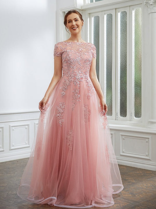 Wholesale A-Line/Princess Tulle Applique Bateau Short Sleeves Floor-Length Dresses