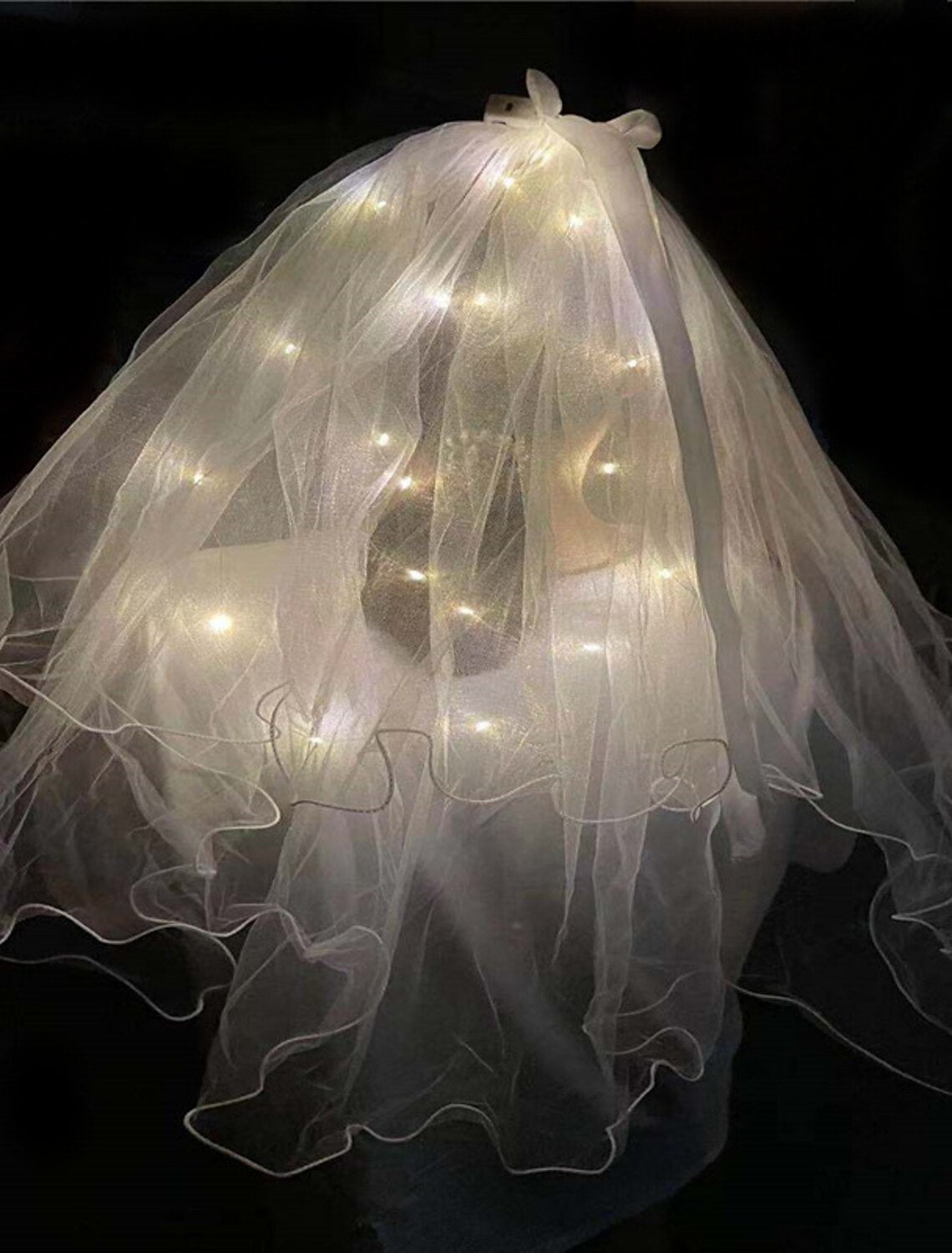 Wholesale LED Luminous Head Veil Long 23.62inch Luminous Yarn Fairy Children's Ribbon Bow Veil With Light String Party Wedding Bride