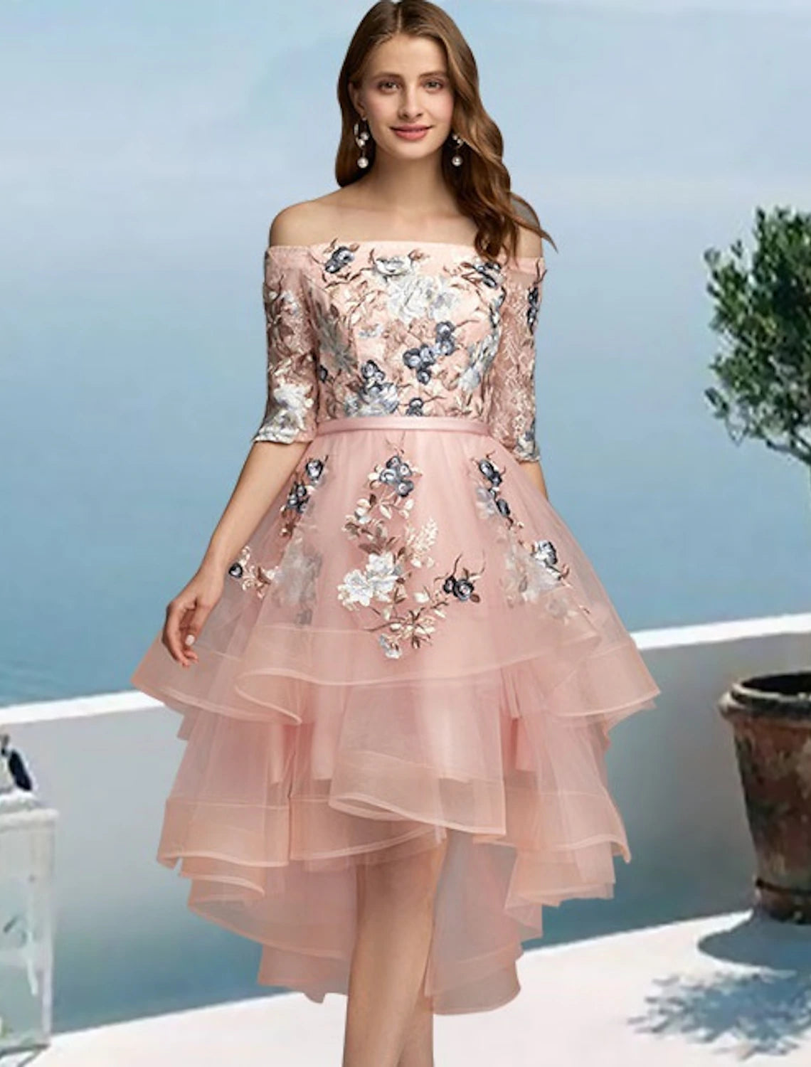 Wholesale A-Line Prom Dresses Floral Dress Evening Party Wedding Party Asymmetrical Half Sleeve Off Shoulder Satin with Embroidery Appliques