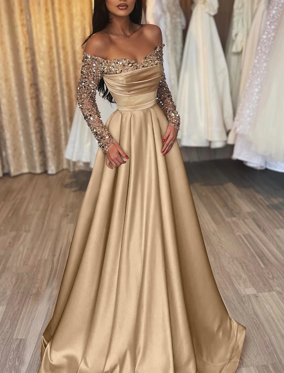 Wholesale Ball Gown Party Dress Evening Gown Party Dress Hot Dress Engagement Wedding Reception Sweep / Brush Train 3/4 Length Sleeve Off Shoulder Satin with Sequin