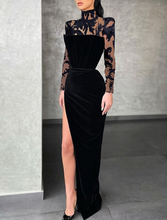 Wholesale Sheath / Column Evening Gown Elegant Dress Formal Floor Length Long Sleeve High Neck Lace with Slit