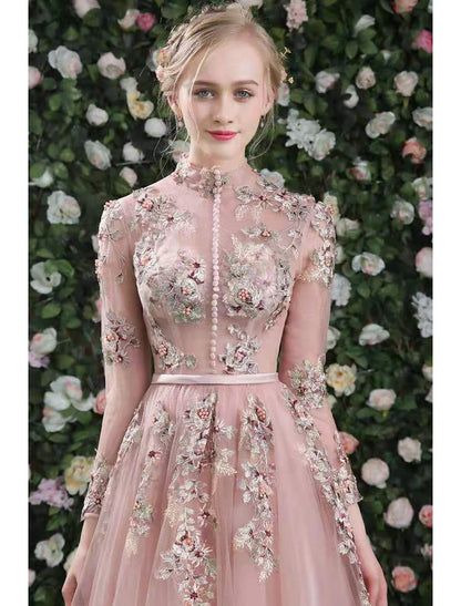 Wholesale A-Line Cut Out Floral Prom Formal Evening Dress High Neck Long Sleeve Floor Length Organza with Embroidery