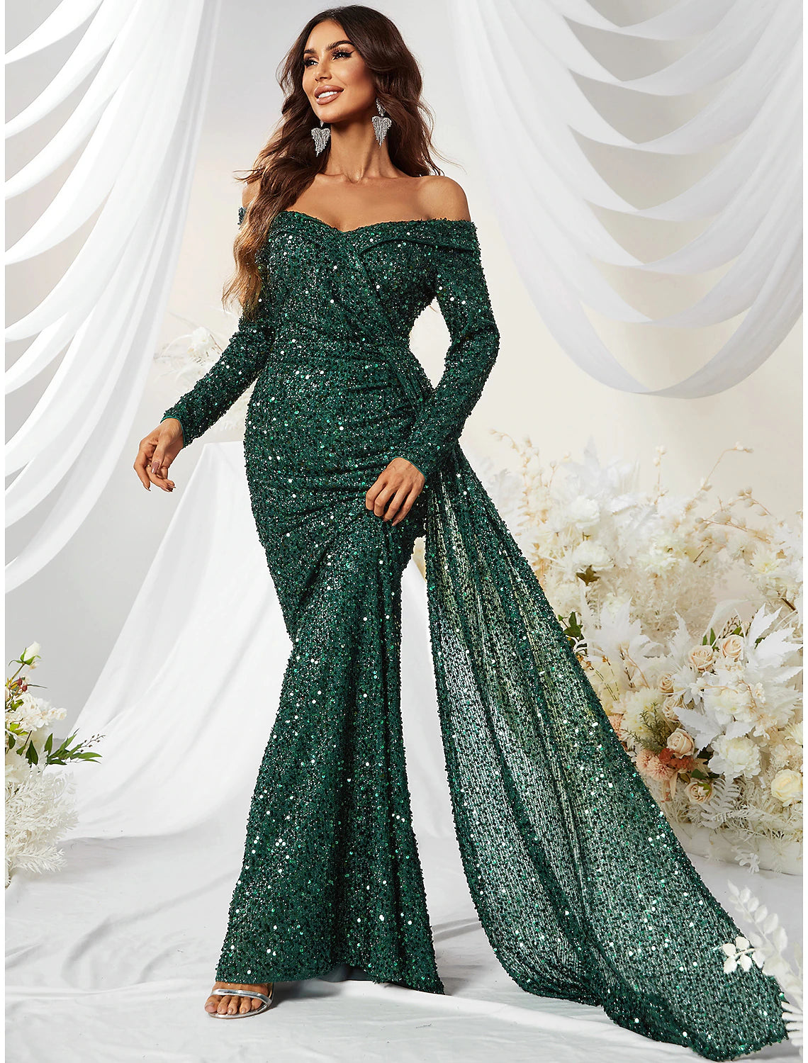 Wholesale Mermaid / Trumpet Evening Gown Sparkle & Shine Dress Formal Cocktail Party Sweep / Brush Train Long Sleeve Off Shoulder Polyester with Sequin