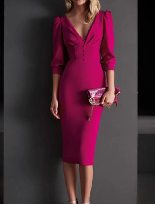 Wholesale Sheath / Column Mother of the Bride Dress Elegant V Neck Knee Length Satin 3/4 Length Sleeve with Buttons