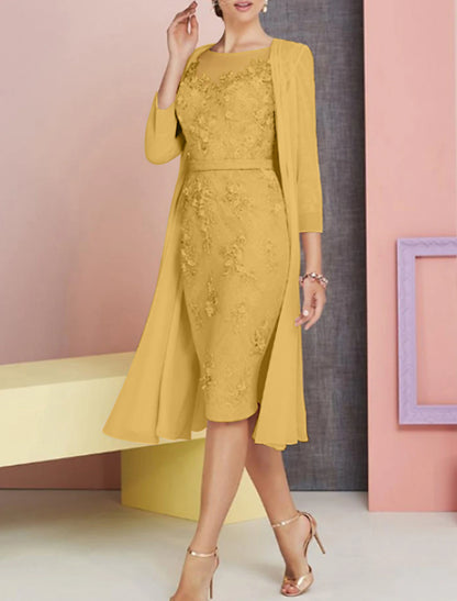 Wholesale Two Piece Sheath / Column Mother of the Bride Dress Fall Wedding Guest Church Plus Size Vintage Elegant Bateau Neck Knee Length Chiffon Lace 3/4 Length Sleeve Jacket Dresses with Appliques