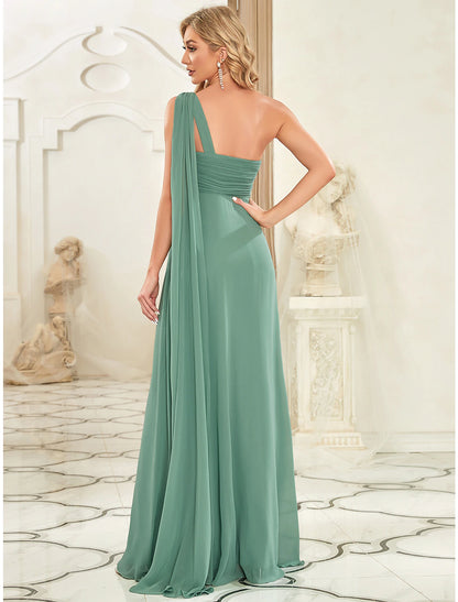 Wholesale A-Line Evening Gown Empire Dress Formal Evening Floor Length Sleeveless One Shoulder Bridesmaid Dress Chiffon Backless with Pleats Draping