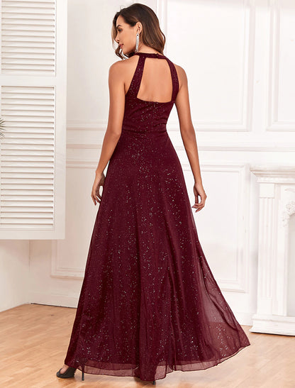 Wholesale A-Line Evening Gown Empire Dress Evening Party Wedding Reception Floor Length Sleeveless Halter Neck Polyester Backless V Back with Glitter