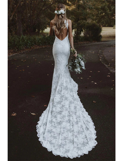 Wholesale Beach Open Back Boho Wedding Dresses Mermaid / Trumpet Halter Sleeveless Chapel Train Lace Bridal Gowns With Appliques