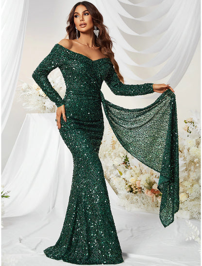 Wholesale Mermaid / Trumpet Evening Gown Sparkle & Shine Dress Formal Cocktail Party Sweep / Brush Train Long Sleeve Off Shoulder Polyester with Sequin