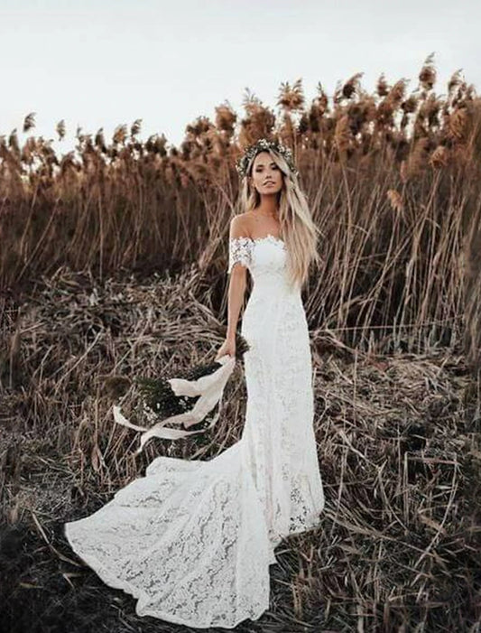 Wholesale Beach Boho Wedding Dresses Mermaid / Trumpet Off Shoulder Cap Sleeve Chapel Train Lace Bridal Gowns With Appliques