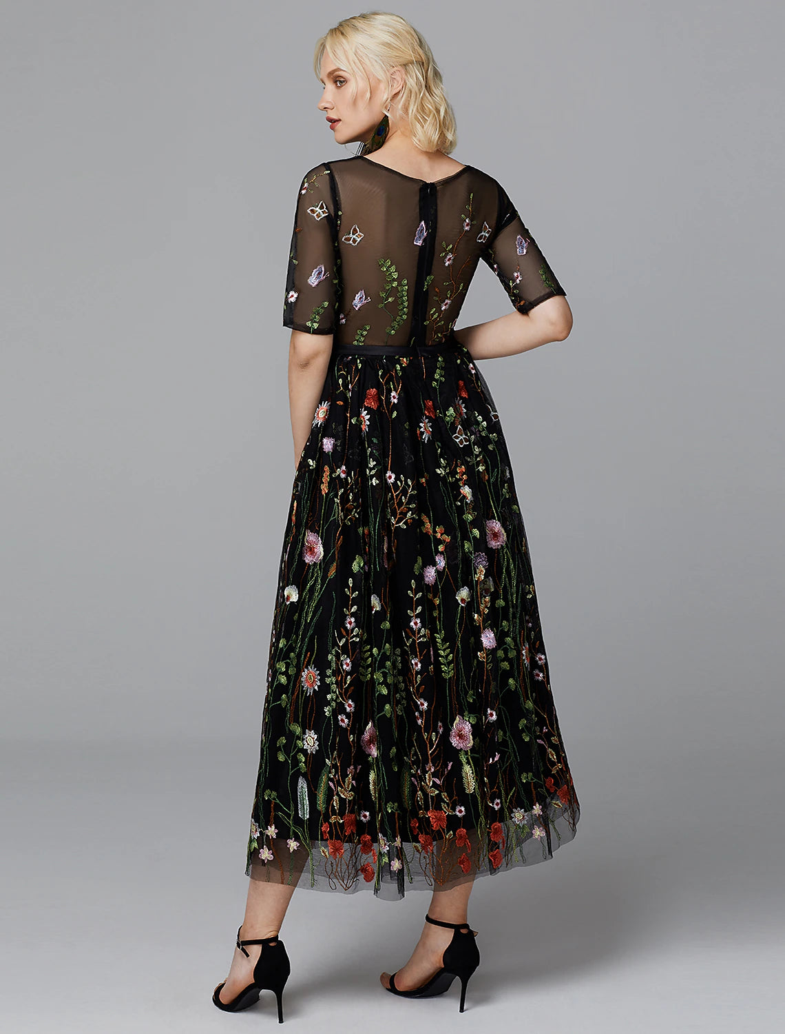 Wholesale A-Line Floral Dress Holiday Wedding Guest Tea Length Half Sleeve Illusion Neck Lace with Embroidery Appliques