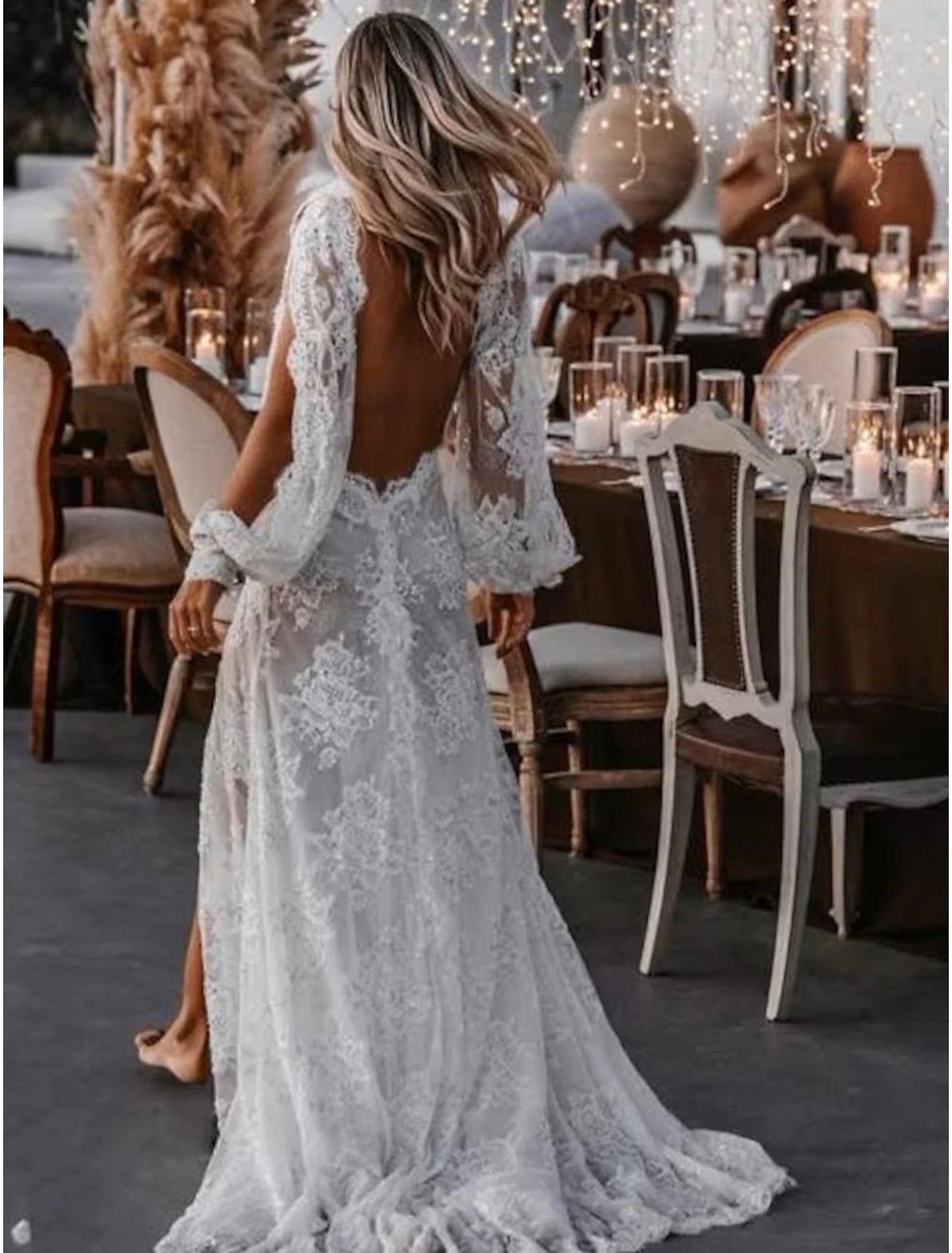 Wholesale Beach Sexy Boho Wedding Dresses A-Line V Neck Long Sleeve Sweep / Brush Train Lace Outdoor Bridal Gowns With Appliques