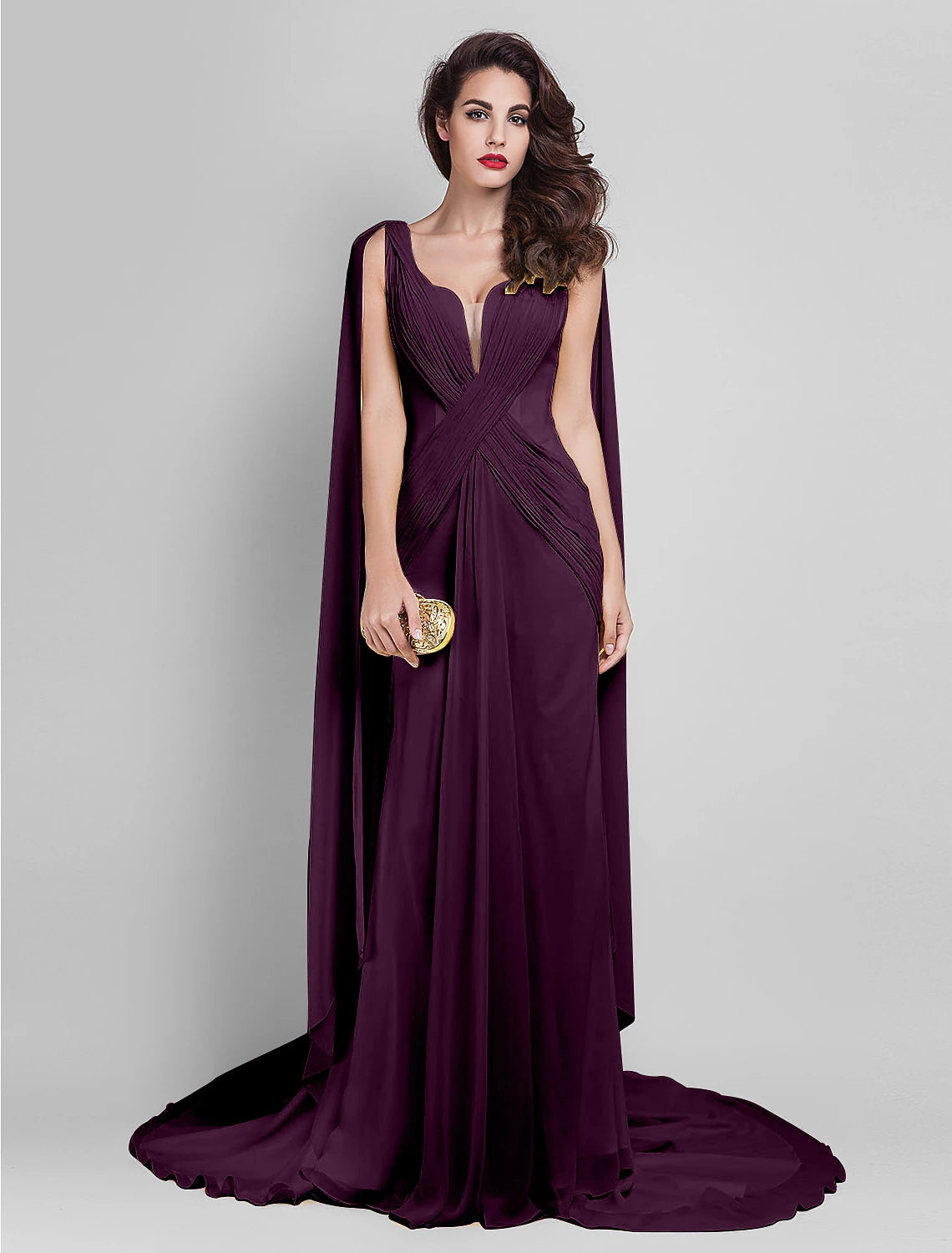 Wholesale Sheath / Column Elegant Dress Wedding Guest Prom Court Train Sleeveless Plunging Neck Georgette V Back