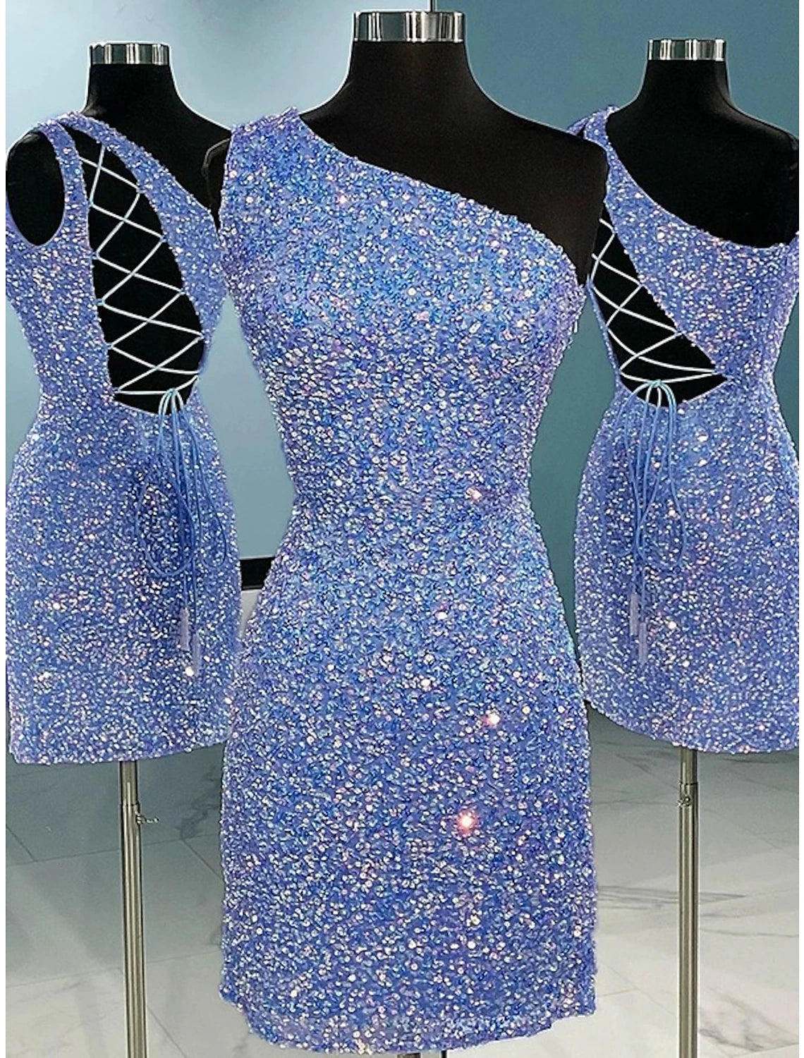 Wholesale A-Line Sheath / Column Homecoming Dresses Sparkle & Shine Dress Holiday Graduation Short / Mini Sleeveless One Shoulder Sequined with Glitter Strappy